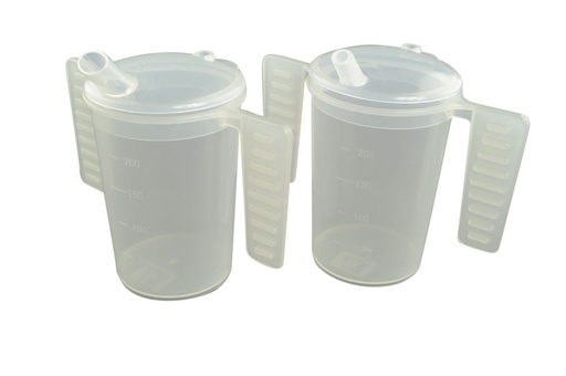 Drinking cup with flat handles and two spout lids